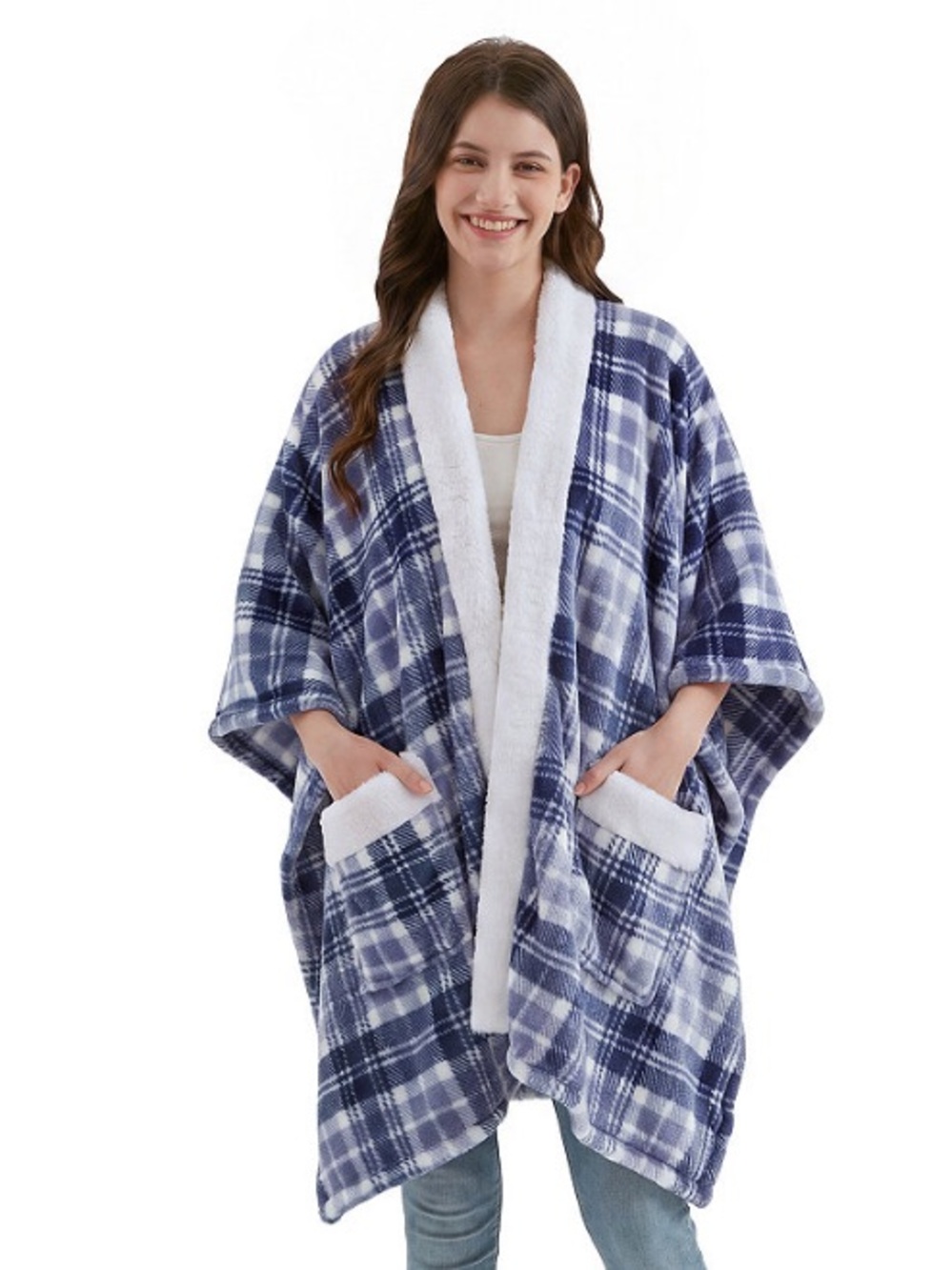 Camping Ergonomic Coat Blue Plaid Plush Robe Deep Pockets Bath Robe NEW